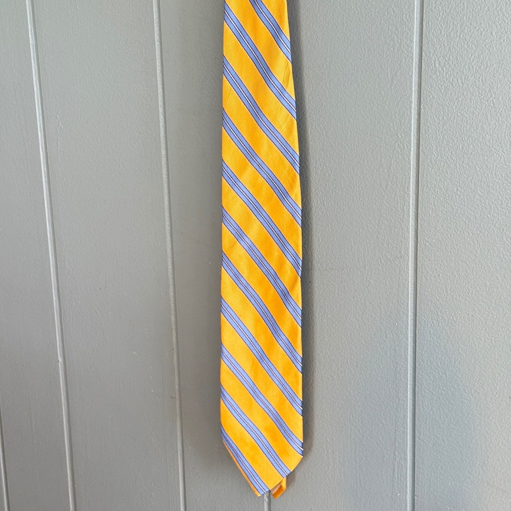 Vtg Barneys New York 100%‎ Silk Regimental Stripe Tie Yellow Blue Handmade Italy